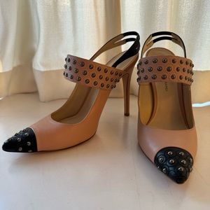 Studded Cap-Toe Leather Slingback Stilettos, size 10
